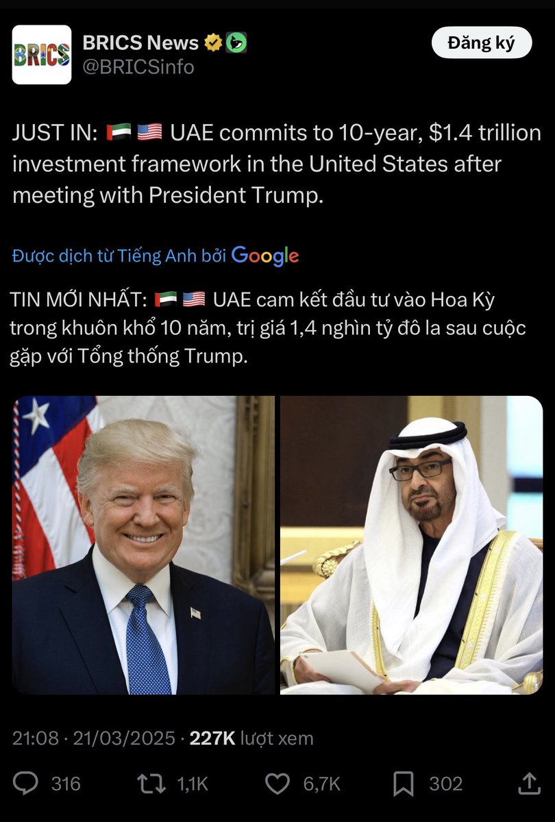 huavancuong1507's tweet image. TIN MỚI NHẤT: 🇦🇪🇺🇸 UAE cam kết đầu tư vào Hoa Kỳ trong khuôn khổ 10 năm, trị giá 1,4 nghìn tỷ đô la sau cuộc gặp với Tổng thống Trump. 

Tập trung vào các ngành năng lượng, AI. Blockchain mã hóa tài sản, thuế tiền kỹ thuật số Web3…⚡️
#QFS #Tessla #GCV