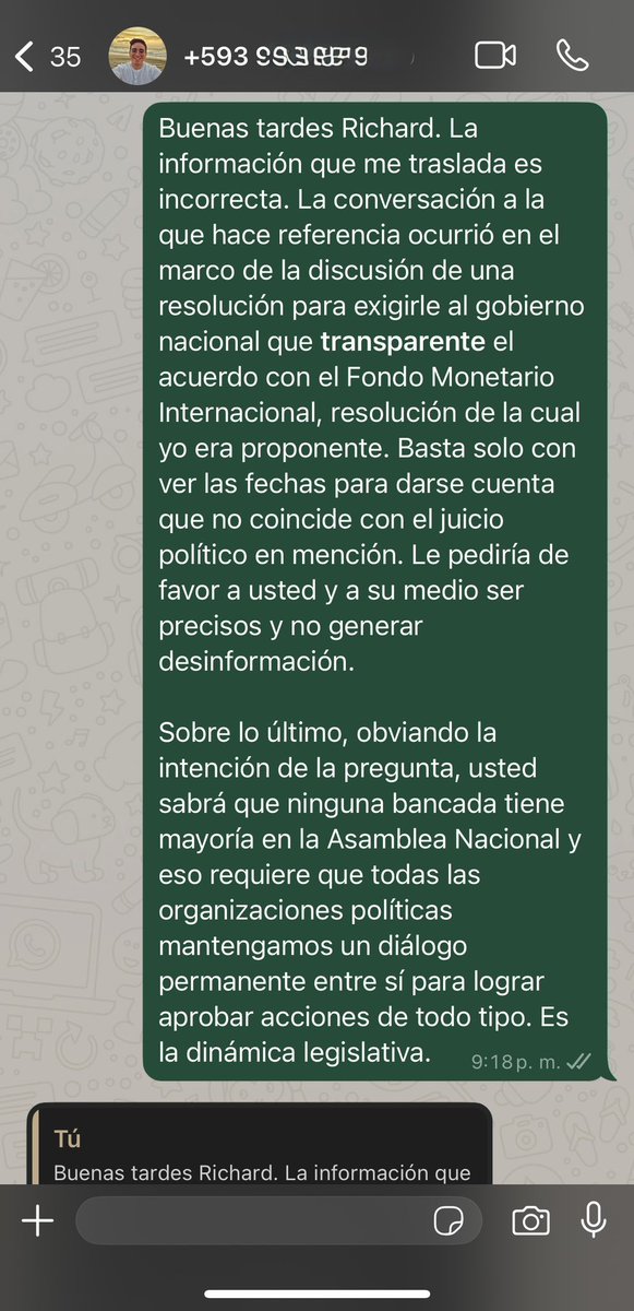 JahirenNoriega's tweet photo. “No dejes que la verdad arruine un buen titular”

Me contactó el periodista Richard Jiménez, le dije que bastaba con ver las fechas para saber que mi conversación nada tenía que ver con el juicio político en mención, sino sobre una resolución para exigirle al gobierno nacional transparente el acuerdo con el Fondo Monetario Internacional; resolución de la cual yo era proponente y me correspondía buscar los votos con diferentes bancadas.

Richard, por tu foto de perfil en WhatsApp, pareces un chico joven. No ensucies tu carrera periodista con mentiras y desinformación. Exigiré formalmente la réplica y rectificación que la ley me asiste.