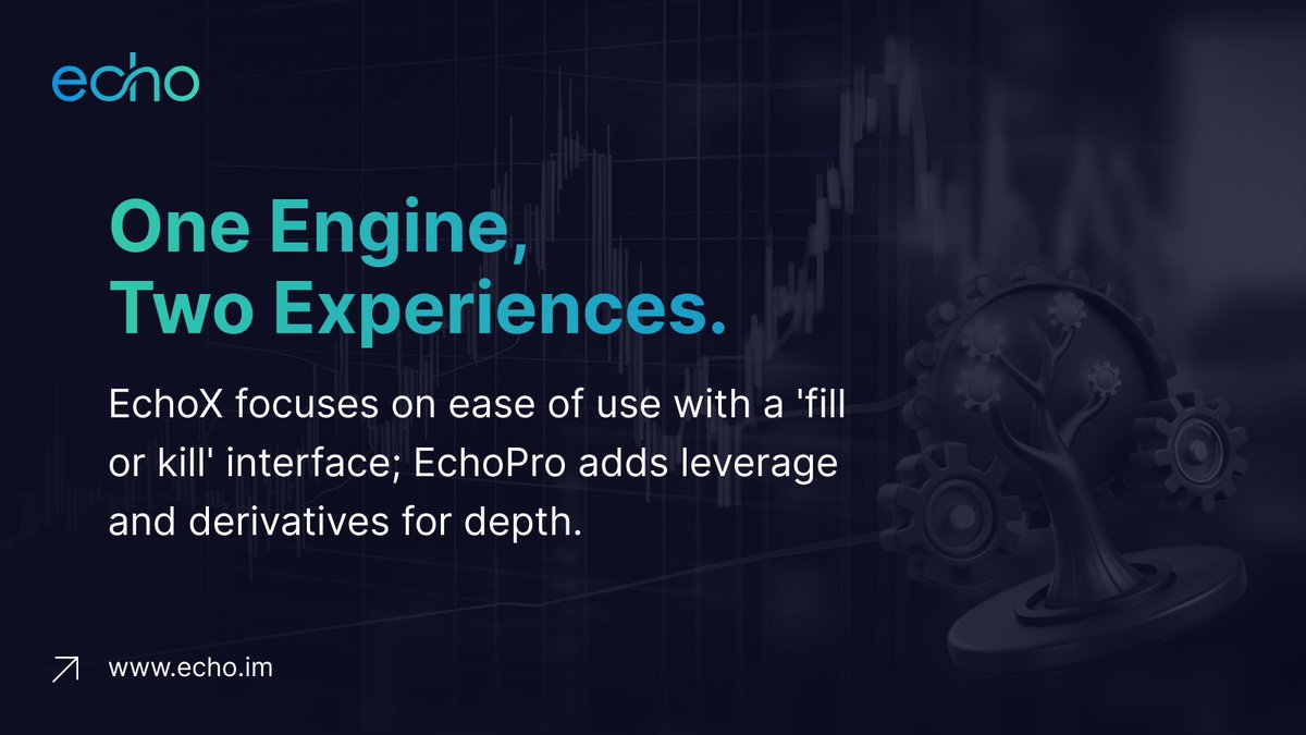 EchoChainHQ's tweet image. EchoX focuses on ease of use with a 'fill or kill' interface; EchoPro adds leverage and derivatives for depth. One engine, two experiences. Repost if you like flexibility!