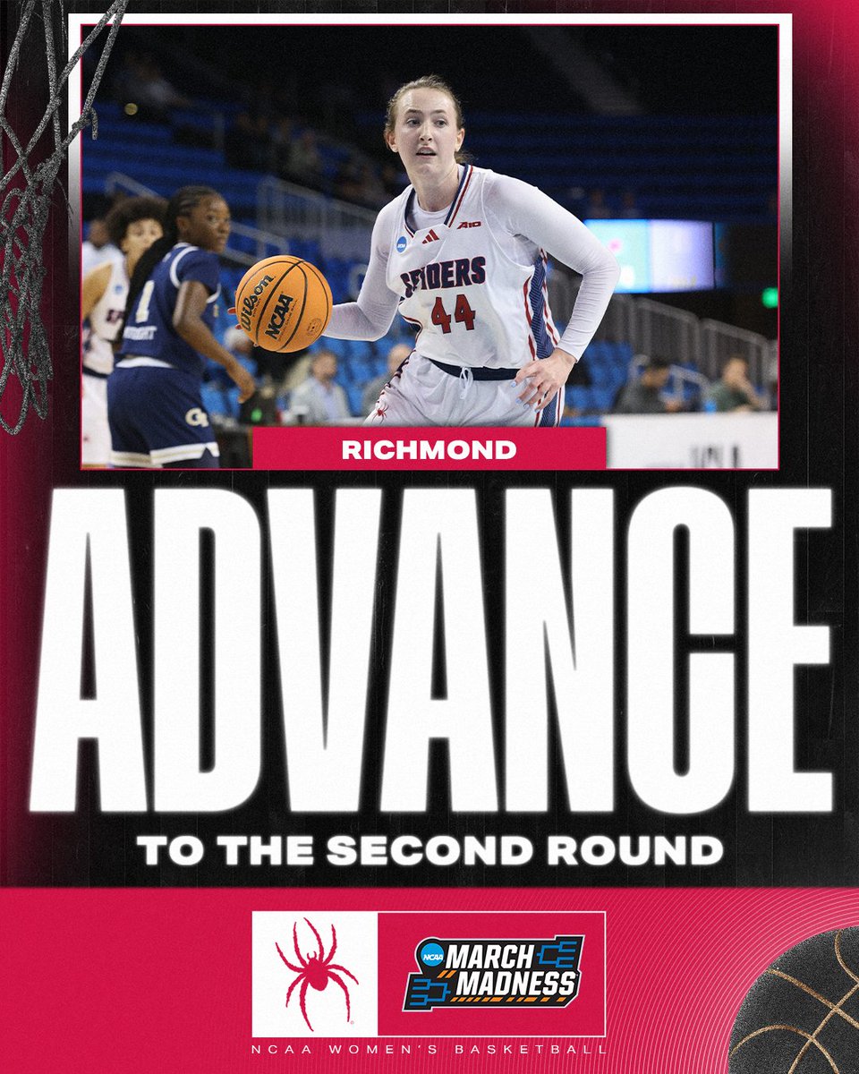 NCAA March Madness (@marchmadnesswbb) on Twitter photo THE SPIDERS SECURE THEIR FIRST NCAA TOURNAMENT WIN AND A SPOT IN THE SECOND ROUND ๐ท๏ธ
Richmond advances through the First Round and into the Second Round with a win over Georgia Tech, 74-49.
#MarchMadness x <a href="/SpiderWBBall/">Richmond Womenโs Basketball</a> THE SPIDERS SECURE THEIR FIRST NCAA TOURNAMENT WIN AND A SPOT IN THE SECOND ROUND ๐ท๏ธ
Richmond advances through the First Round and into the Second Round with a win over Georgia Tech, 74-49.
#MarchMadness x <a href="/SpiderWBBall/">Richmond Womenโs Basketball</a>
