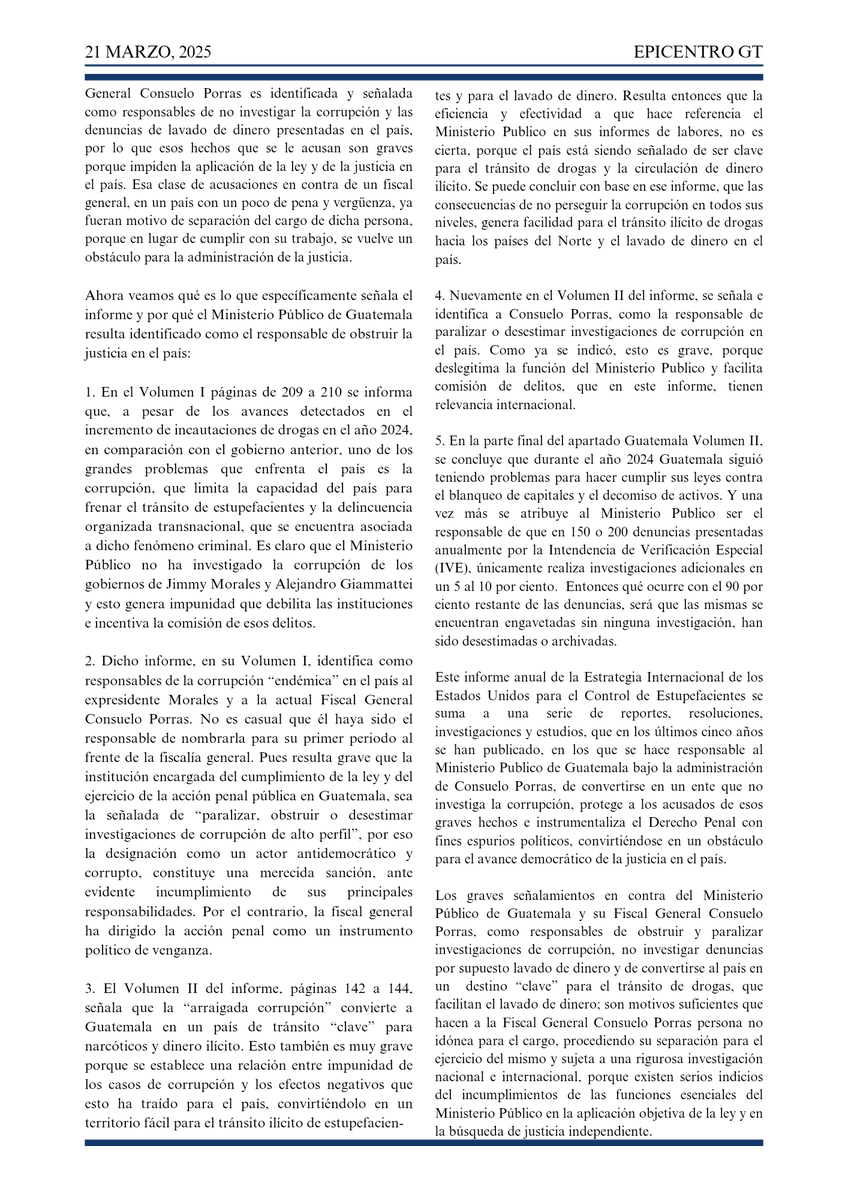EpicentroGuate's tweet photo. #OpiniónEpicentro @carlos_ruano_: La actual Fiscal General Consuelo Porras es identificada y señalada como responsable de no investigar la corrupción y las denuncias de lavado de dinero presentadas en el país, por lo que esos hechos que se le acusan son graves... https://t.co/VDemCjxIwd