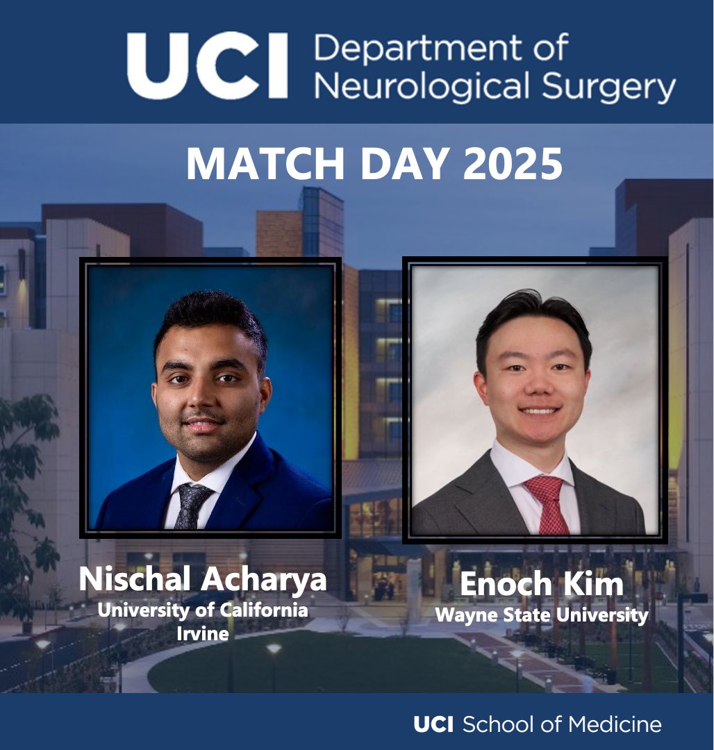 We are thrilled to announce and welcome our incoming neurosurgical residents!

Dr. Nischal Acharya, UC Irvine 
Dr. Enoch Kim, Wayne State University