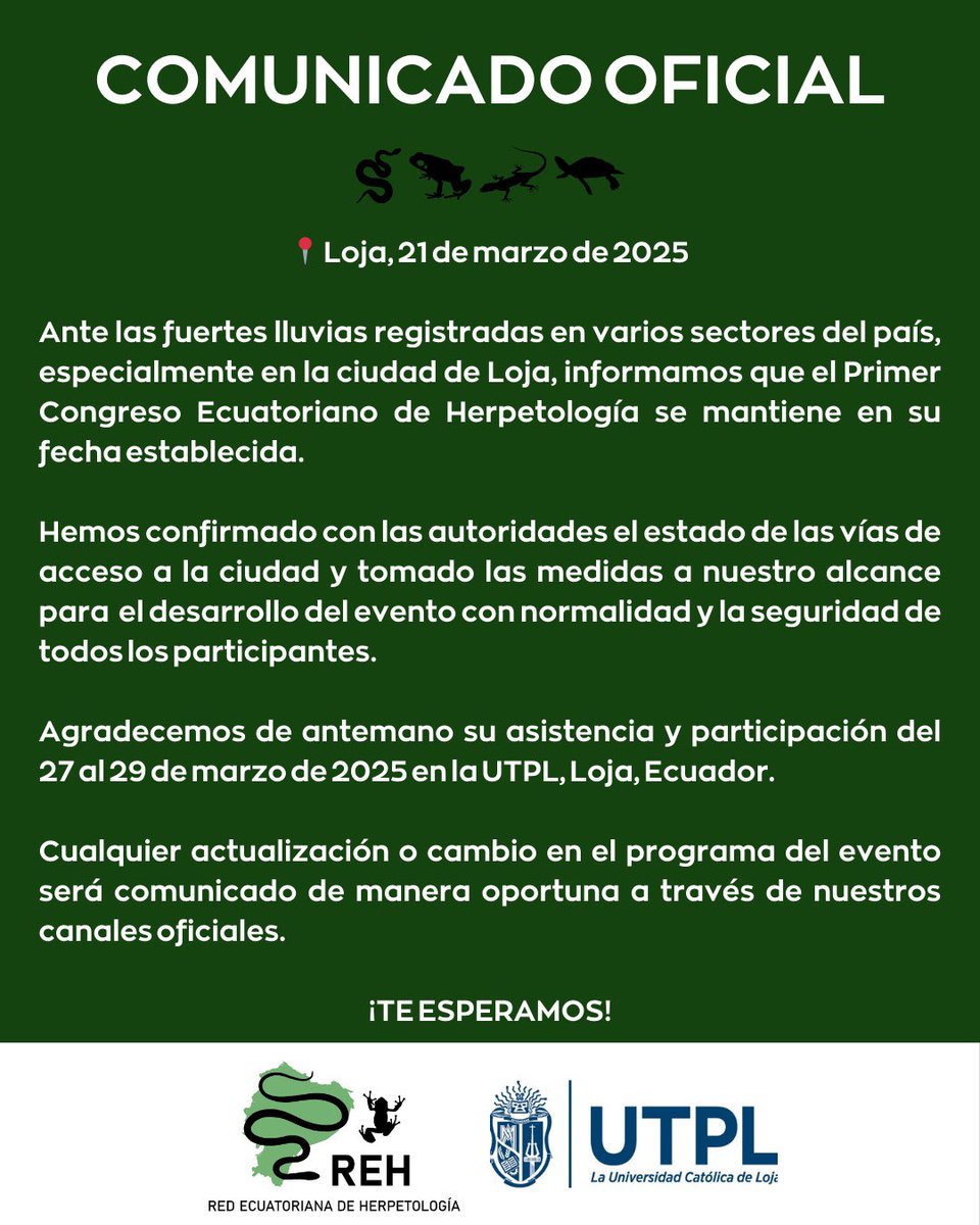 ¡Estamos listos para el Congreso! 

A pesar de las lluvias, hemos tomado las medidas a nuestro alcance para el desarrollo del evento con normalidad. 

¡Únete a nosotros del 27 al 29 de marzo de 2025 en la UTPL, Loja! 

Inscríbete (link en el perfil)

#Congreso #Loja #ICEH2025
