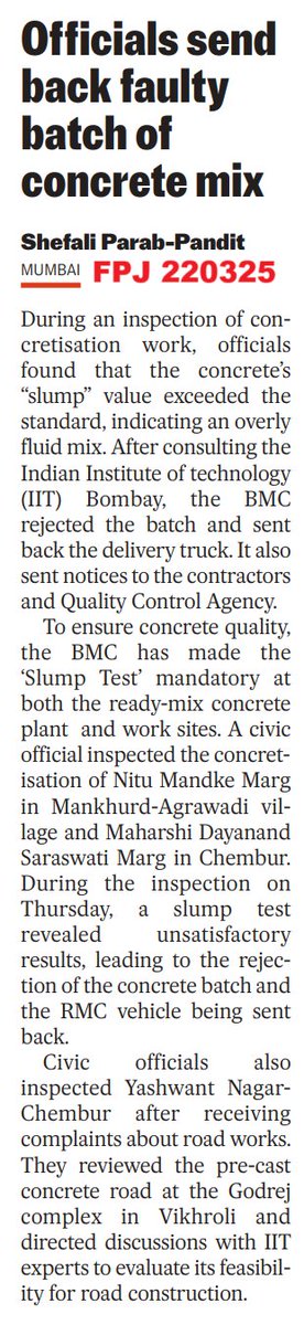 terence_fdes's tweet image. &quot;Officials send back faulty batch of concrete mix&quot; 
A rare instance of the #SlumpTest done on newly laid CONcrete #RoadsOfMumbai 

@mybmc WE KNOW that over 95% of RCC Concrete Roads are SUB-STANDARD Quality 

HOW &amp;amp; WHY ARE SUCH SHITTY ROAD BUDGETS APPROVED -1000&quot;s of Crs🤬