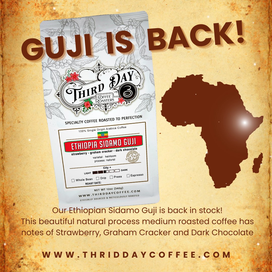 ThirdDayCoffee's tweet photo. Ethiopian Guji is Back Baby! ☕✨

Our beloved Ethiopian Guji is finally back in stock! This medium roast delivers vibrant notes of strawberry, graham cracker, and rich chocolate in every sip. Smooth, aromatic, and irresistibly delicious—this limited batch won’t last long! https://t.co/HrctRTBsrl