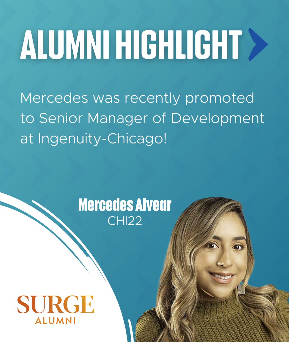 Congratulations to Surge alum Mercedes Alvear (CHI22)! Mercedes was recently promoted to Senior Manager of Development at Ingenuity-Chicago!  

#LeadTheSurge #SoarWithSurge