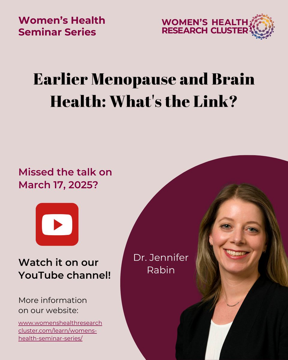 Women's Health Research Cluster (@researchonwh) on Twitter photo Missed the #WHSS talk with Dr. <a href="/jsrabin1/">Jennifer Rabin, PhD</a>? Catch up now! She breaks down how early #menopause, genetics, vascular health, and lifestyle factors create a “perfect storm” for #cognitivedecline — and what we can do about it.
📺 Watch the full talk here: ow.ly/MXqO50Vmx82 Missed the #WHSS talk with Dr. <a href="/jsrabin1/">Jennifer Rabin, PhD</a>? Catch up now! She breaks down how early #menopause, genetics, vascular health, and lifestyle factors create a “perfect storm” for #cognitivedecline — and what we can do about it.
📺 Watch the full talk here: ow.ly/MXqO50Vmx82