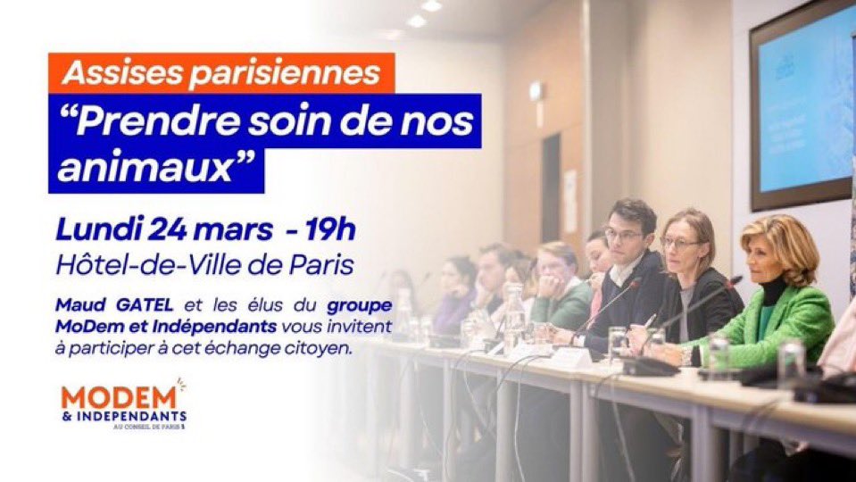 Iris Berthomier (@irisberthomier) on Twitter photo 🐾 Les <a href="/ElusMoDemParis/">Élus MoDem et Indépendants de Paris</a> s’engagent pour les animaux !
Rejoignez-nous aux Assises parisiennes du <a href="/MoDem_Paris/">Mouvement Démocrate de Paris</a> le 24 mars à 18h30 à l'Hôtel de Ville.
Ensemble, débattons et construisons une ville qui prend soin des animaux.
Inscription : urlr.me/NDGrgV 🐾 Les <a href="/ElusMoDemParis/">Élus MoDem et Indépendants de Paris</a> s’engagent pour les animaux !
Rejoignez-nous aux Assises parisiennes du <a href="/MoDem_Paris/">Mouvement Démocrate de Paris</a> le 24 mars à 18h30 à l'Hôtel de Ville.
Ensemble, débattons et construisons une ville qui prend soin des animaux.
Inscription : urlr.me/NDGrgV