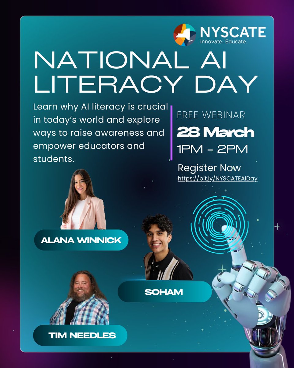 Alana Winnick (@alanawinnick) on Twitter photo Join me, <a href="/NYSCATE/">NYSCATE 💡💻</a>, <a href="/timneedles/">Tim Needles</a>, <a href="/Stu4innovation/">Students for Innovation</a> next Friday to celebrate #NationalAILiteracyDay!! bit.ly/NYSCATEAIDay Join me, <a href="/NYSCATE/">NYSCATE 💡💻</a>, <a href="/timneedles/">Tim Needles</a>, <a href="/Stu4innovation/">Students for Innovation</a> next Friday to celebrate #NationalAILiteracyDay!! bit.ly/NYSCATEAIDay