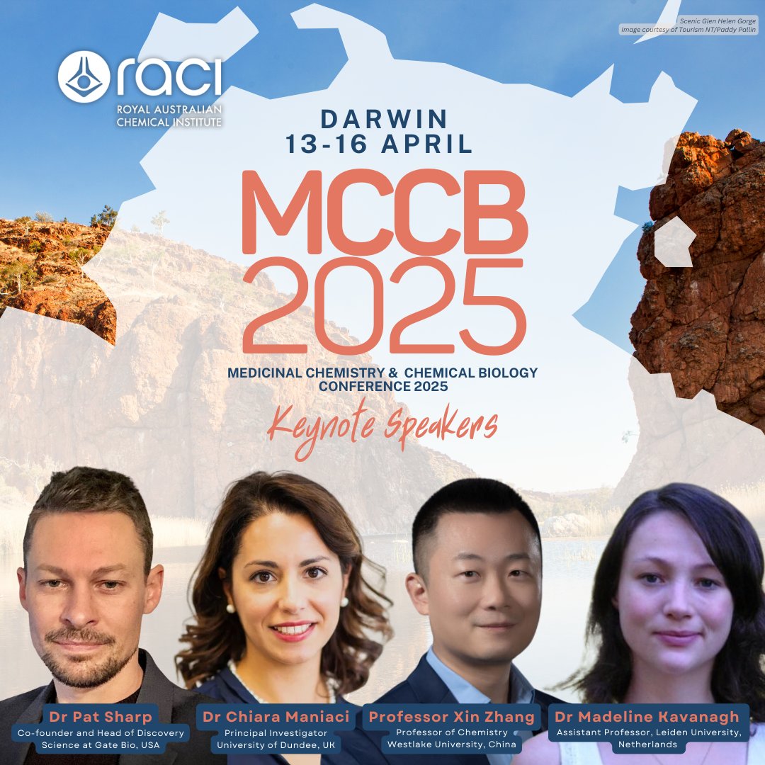 RACInational's tweet image. Join keynote speakers Dr Pat Sharp, Dr Chiara Maniaci, Prof. Xin Zhang &amp;amp; Dr Madeline Kavanagh in Darwin (13-16 April) for insights into medicinal chemistry &amp;amp; chemical biology.

🔗 bit.ly/3FvPpKL 

#MCCB2025 #MedChem #ChemBio #DrugDiscovery #NT
