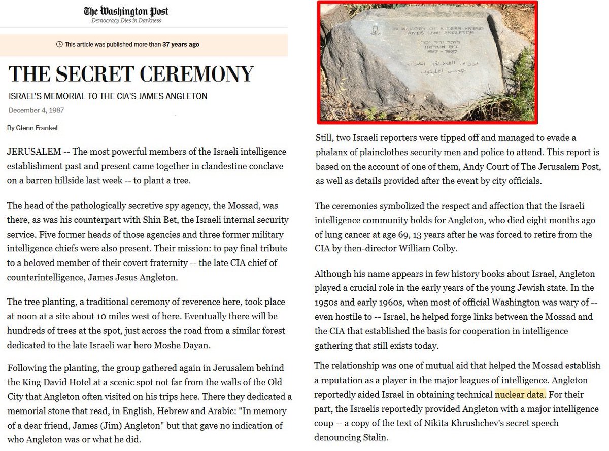 Stew Peters (@realstewpeters) on Twitter photo Israel commissioned a memorial stone celebrating the life of CIA counterintelligence chief James Angleton. 
When a foreign nation memorializes an American intelligence officer, that means they were a double-agent. 
James Angleton was a TRAITOR. Israel commissioned a memorial stone celebrating the life of CIA counterintelligence chief James Angleton. 
When a foreign nation memorializes an American intelligence officer, that means they were a double-agent. 
James Angleton was a TRAITOR.
