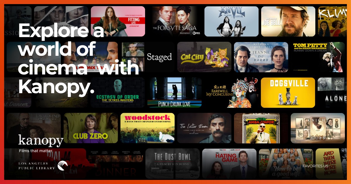 LAPublicLibrary's tweet photo. You can use Kanopy, the best video streaming service for quality, thoughtful entertainment, as a Los Angeles Public Library cardholder. Check out this Favorites collection of unlimited films! No tickets are required. Stream anytime with the #BestCardInLA: https://t.co/Ukq6dVsQd2 https://t.co/fI2jJUE29X