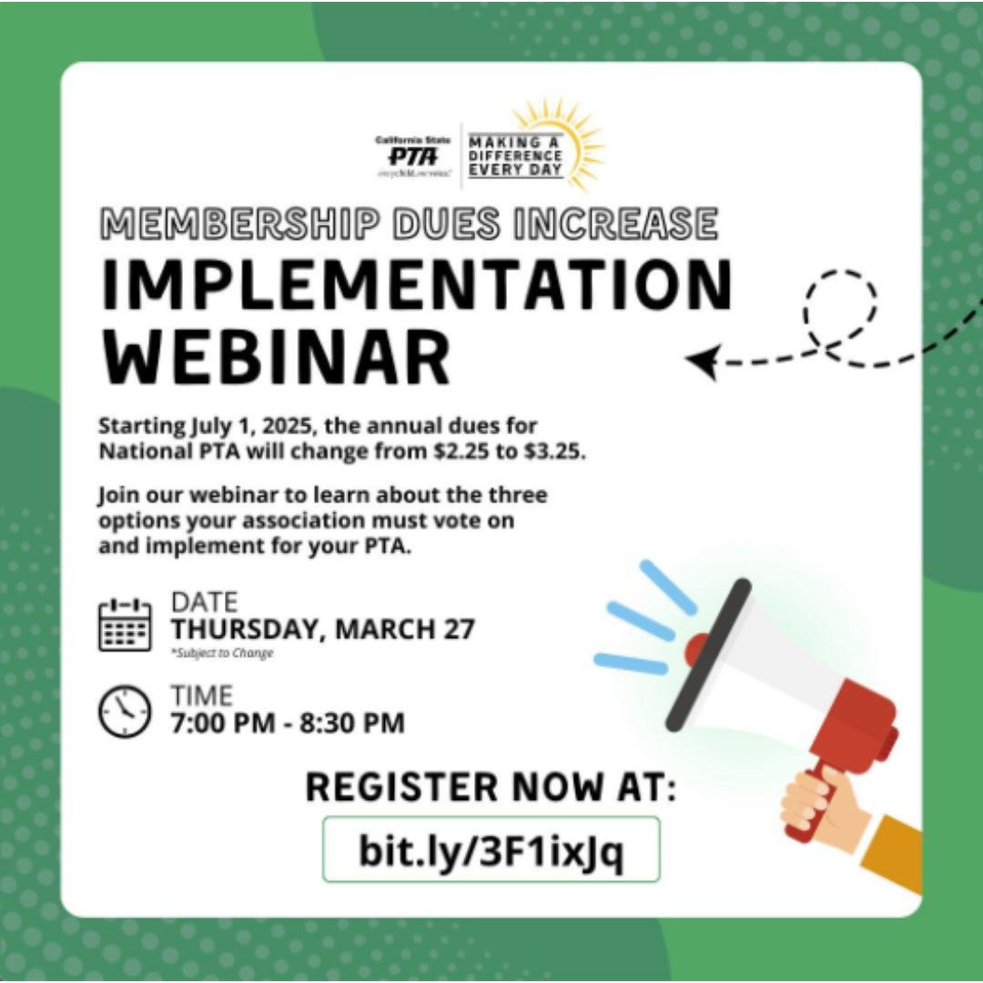 From @californiastatepta🚨Important Update 🚨 July 1, 2025, dues for National PTA change from $2.25 to $3.25. Join the webinar on March 27 to learn about the options your PTA must vote on. 

REGISTER NOW at 🔗 bit.ly/3F1ixJq  🙌