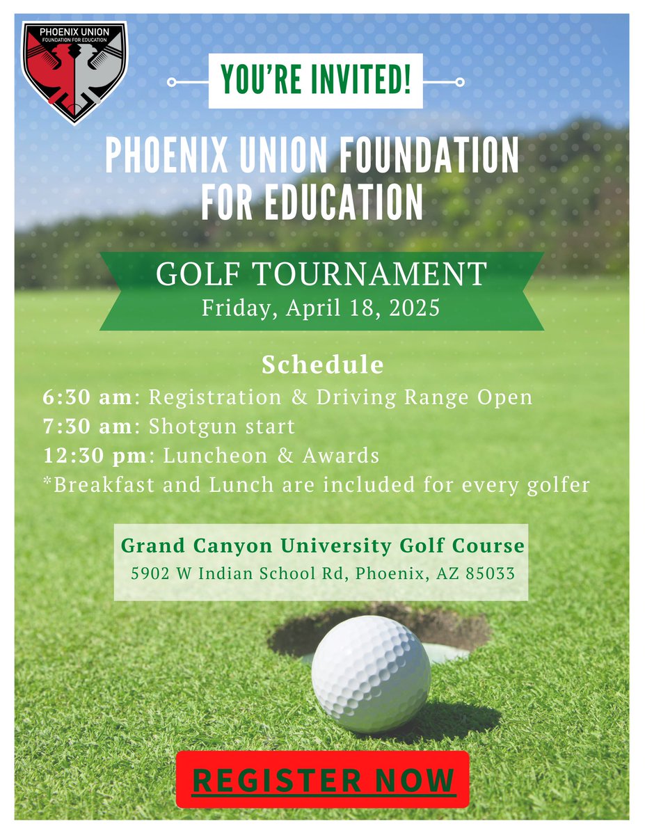 foundation4edu's tweet photo. Join us for the Phoenix Union Foundation for Education’s Annual Golf Tournament! Tee off on Friday, April 18, 2025, at the beautiful Grand Canyon University Golf Course. 
Enjoy a day of golf, networking, and giving back to education.

https://t.co/dygbADaiP3 https://t.co/oXiKCFbaY5