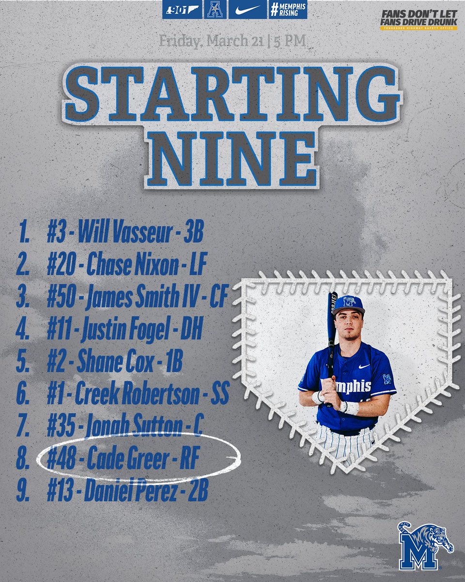 Starting 9️⃣ for our AAC Opener 

📺 » ESPN+ 
📊 » gotigersgo.me/41JvQWJ 

#GoTigersGo | <a href="/TNHSO/">Tennessee Highway Safety Office</a>