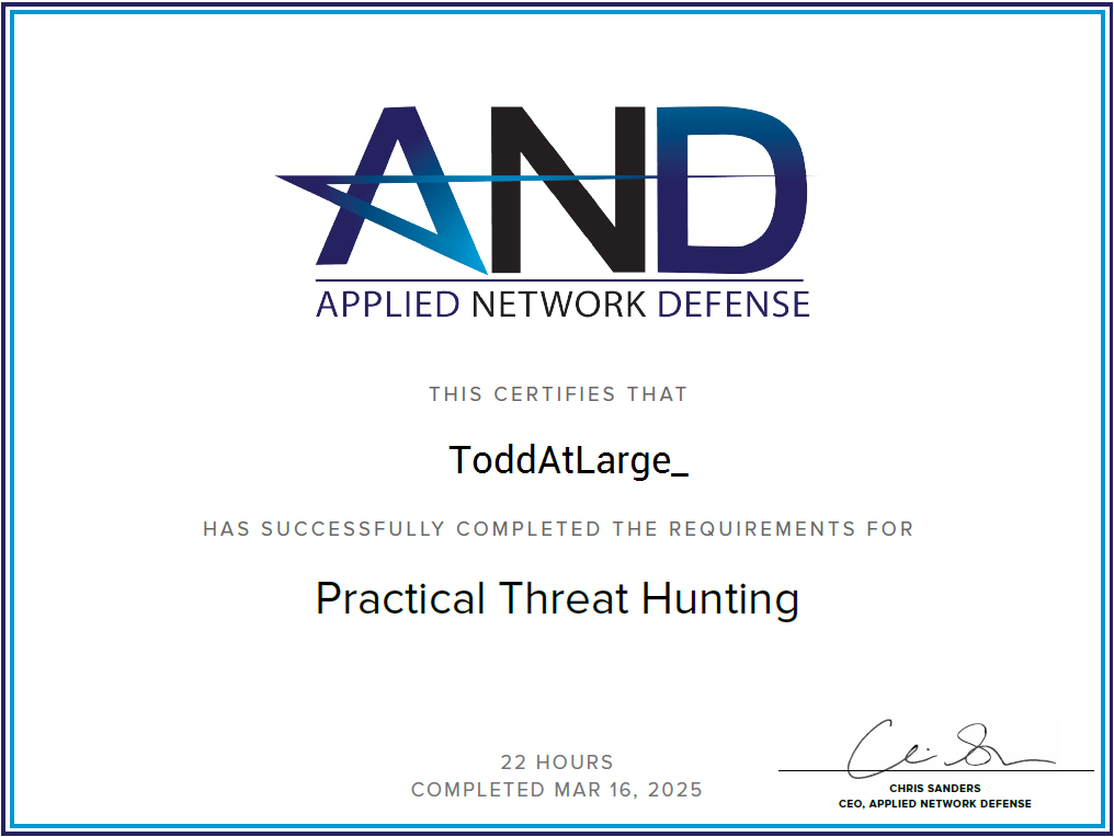 The Practical Threat Hunting training from <a href="/NetworkDefense/">Applied Network Defense</a> (<a href="/chrissanders88/">Chris Sanders 🔎 🧠</a>) is great.   

On to their YARA for Security Analysts course by <a href="/stvemillertime/">Steve YARA Synapse Miller</a>
