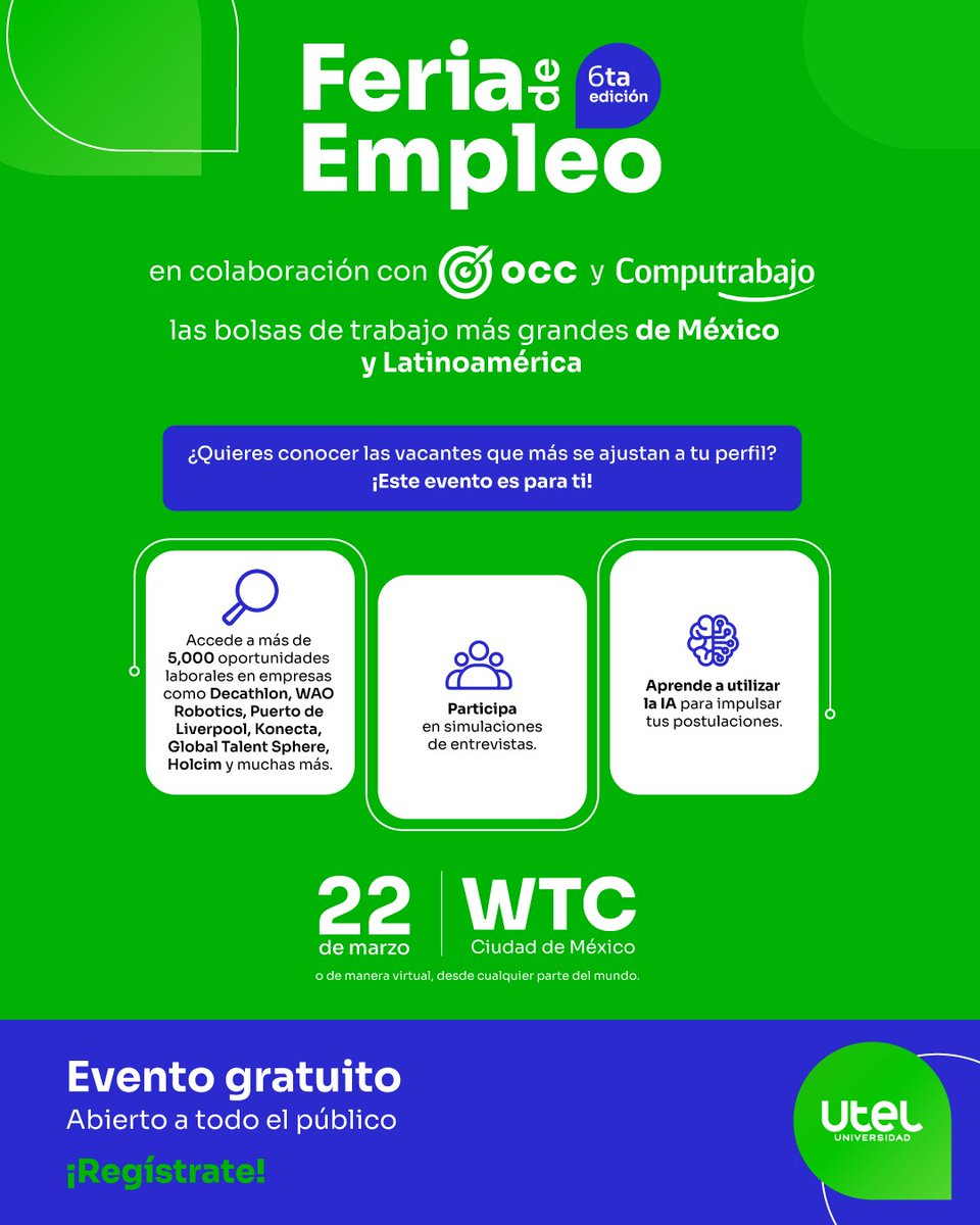 ¡Prepárate para la Feria de Empleo Utel, 6ta edición! 🌐💻

El 22 de marzo tendrás acceso a más de 5,000 vacantes y la oportunidad de conectar con más de 100 empresas internacionales.

Asiste de manera presencial o en línea. Regístrate gratis aquí ➡️  ss.utel.edu.mx/v7U62588