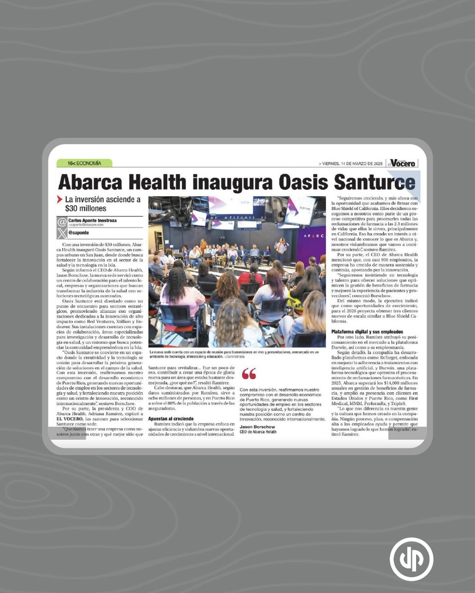 .<a href="/AbarcaHealth/">Abarca Health</a> inaugura Oasis Santurce -- Estas nuevas facilidades apuestan a la colaboración para transformar la industria de la salud con soluciones tecnológicas.

🗞️ bit.ly/3R8ryDk