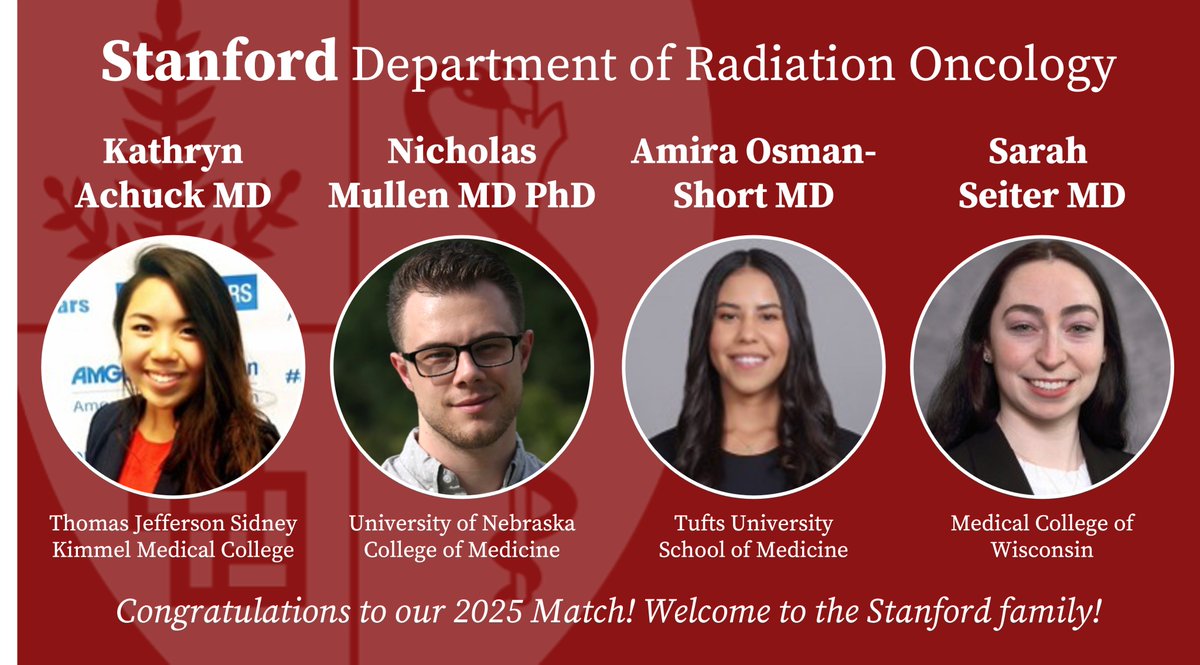 Stanford Radiation Oncology Residents (@stanfordro_res) on Twitter photo Thrilled to welcome our new <a href="/StanfordRO_Res/">Stanford Radiation Oncology Residents</a> residents to our family!! 🎉
Huge congratulations to Kathryn Achuck, Nicholas Mullen, Amira Osman-Short, and Sarah Seiter!
We’re THRILLED to have you all join the Stanford family! #RadOnc #Match2025 <a href="/StanfordMed/">Stanford Medicine</a> <a href="/StanfordRadOnc/">Stanford Radiation Oncology</a> Thrilled to welcome our new <a href="/StanfordRO_Res/">Stanford Radiation Oncology Residents</a> residents to our family!! 🎉
Huge congratulations to Kathryn Achuck, Nicholas Mullen, Amira Osman-Short, and Sarah Seiter!
We’re THRILLED to have you all join the Stanford family! #RadOnc #Match2025 <a href="/StanfordMed/">Stanford Medicine</a> <a href="/StanfordRadOnc/">Stanford Radiation Oncology</a>