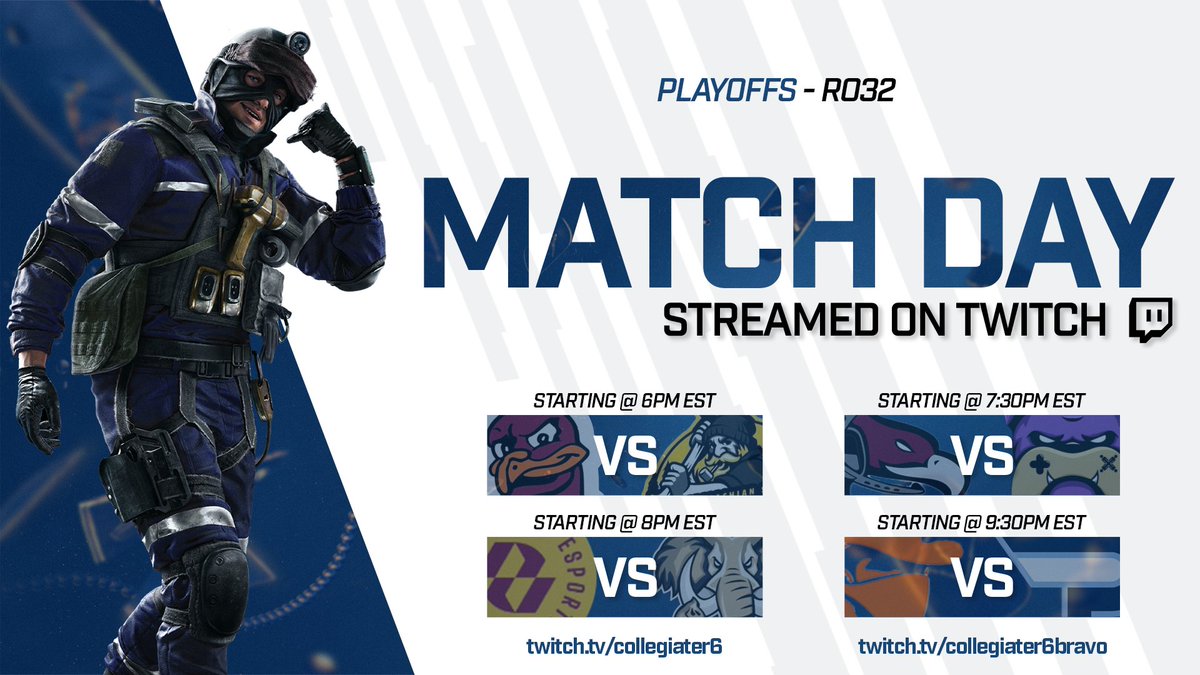 🚨PLAYOFFS MATCH DAY - Ro32🚨

WHAT A TREAT: 4 GAMES BEING STREAMED?? Catch some collegiate action tonight with these 4 high-stakes matches!

<a href="/VESPAEsports/">Esport at Virginia Tech</a>  vs. <a href="/AppEsports/">Appalachian State Esports</a> going LIVE at 6PM EST on A stream, while <a href="/CUeSports21/">Cumberland University Esports</a>  vs. <a href="/JMU_Esports/">JMU Esports</a> starts at 7:30PM EST on B stream!
