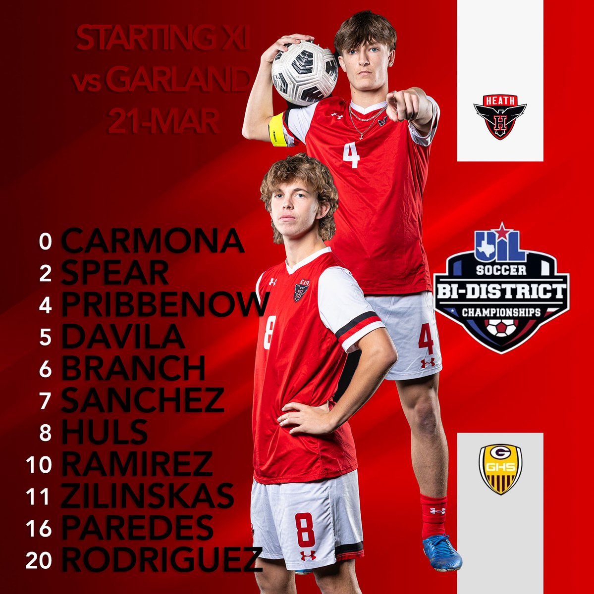 ๐๐๐๐ญ๐ก ๐๐จ๐๐๐๐ซ (@heathboyssoccer) on Twitter photo Tonight we enter the playoffs vs Garland!
๐๏ธ HBJ Stadium, Garland
๐ฐ๏ธ 7:00 PM
๐๏ธ garlandisd.hometownticketing.com/embed/event/941
#WinTheDay #25Six #BetOnRed
<a href="/RHHSHawks/">Rockwall-Heath HS</a> Tonight we enter the playoffs vs Garland!
๐๏ธ HBJ Stadium, Garland
๐ฐ๏ธ 7:00 PM
๐๏ธ garlandisd.hometownticketing.com/embed/event/941
#WinTheDay #25Six #BetOnRed
<a href="/RHHSHawks/">Rockwall-Heath HS</a>