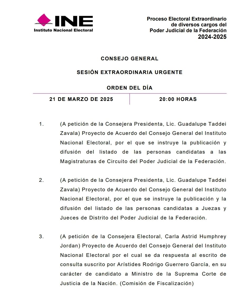 Hoy tenemos una Sesión Extraordinaria muy esperada de #CG del <a href="/INEMexico/">@INEMexico</a>. Entre los puntos que analizaremos están:

📌Acuerdo por el que se instruye la publicación y difusión del listado de las personas candidatas a las Magistraturas de Circuito del #PJF. 
📌Acuerdo por el que se