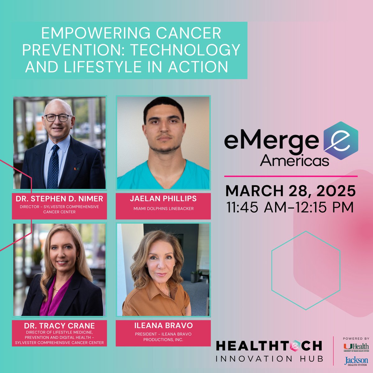 Sylvester Comprehensive Cancer Center (@sylvestercancer) on Twitter photo .<a href="/DrSDNimer/">Stephen D. Nimer, MD</a>, <a href="/DrTracyECrane/">CRANE Lab</a> & <a href="/JJPhillips15/">Jaelan Phillips ;🕴🏾®</a> of @miamidolphins join @IleanaBravo at <a href="/eMergeAmericas/">eMerge Americas</a> to explore how tech is shaping cancer prevention and overall well-being. Don’t miss this dynamic convo on Friday, March 28! Register: loom.ly/JbSdF5c. #eMergeAmericas .<a href="/DrSDNimer/">Stephen D. Nimer, MD</a>, <a href="/DrTracyECrane/">CRANE Lab</a> & <a href="/JJPhillips15/">Jaelan Phillips ;🕴🏾®</a> of @miamidolphins join @IleanaBravo at <a href="/eMergeAmericas/">eMerge Americas</a> to explore how tech is shaping cancer prevention and overall well-being. Don’t miss this dynamic convo on Friday, March 28! Register: loom.ly/JbSdF5c. #eMergeAmericas