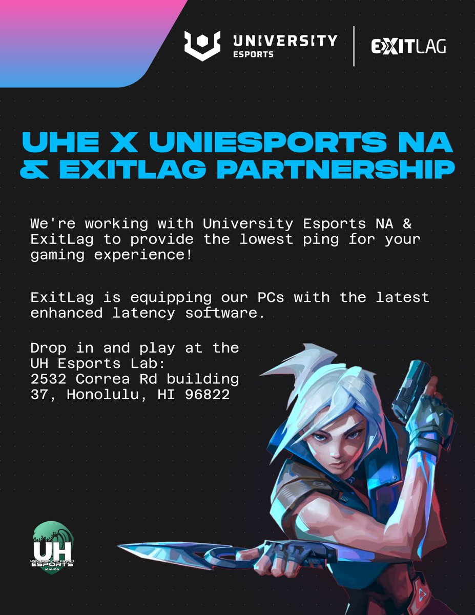UH Esports (@uhesport) on Twitter photo LOWER PING ISLAND DEMONS INCOMING📷
We're excited to announce our new collaboration with <a href="/UniEsportsNA/">UNIVERSITY Esports NA | ExitLag</a> & <a href="/ExitLag/">ExitLag</a>.
Thanks to their software, they'll be equipping our arena with enhanced latency software. The software will be used by players at the Hawaii Esports Invitational LOWER PING ISLAND DEMONS INCOMING📷
We're excited to announce our new collaboration with <a href="/UniEsportsNA/">UNIVERSITY Esports NA | ExitLag</a> & <a href="/ExitLag/">ExitLag</a>.
Thanks to their software, they'll be equipping our arena with enhanced latency software. The software will be used by players at the Hawaii Esports Invitational