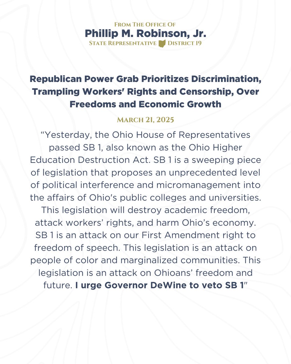 This week, Ohio House Republicans passed SB 1, the Higher Education Destruction Act.

Call <a href="/GovMikeDeWine/">Governor Mike DeWine</a> and urge him to veto SB 1 @ (614) 466-3555.

My full statement below:

ohiohouse.gov/members/philli…