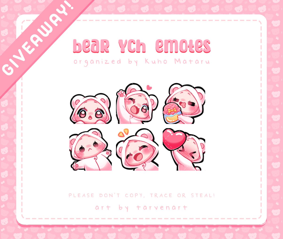 🐻Emote YCH Giveaway!🐻

Hosting a raffle with my fav artist! March 23rd is World Bear Day. You do NOT need to be bear themed to enter!

🐼Rules
Follow + Like + RT ↻
Follow <a href="/tarvenart/">🌸tarʋen🌸 ₍ᐢ. .ᐢ₎ ₊⊹</a> the lovely artist
Comment your fav things about bears!

🐻‍❄️Info
♡ Result 3/23 
♡ 2 winners
