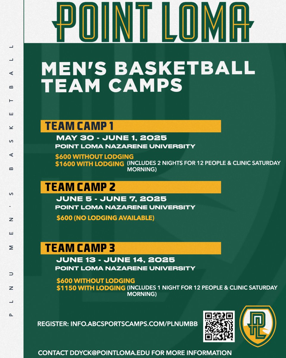 Team Camps are around the corner! Coaches, sign up to bring your program to our beautiful campus and compete against some of the best competition on the West Coast!

Registration: info.abcsportscamps.com/plnumbb