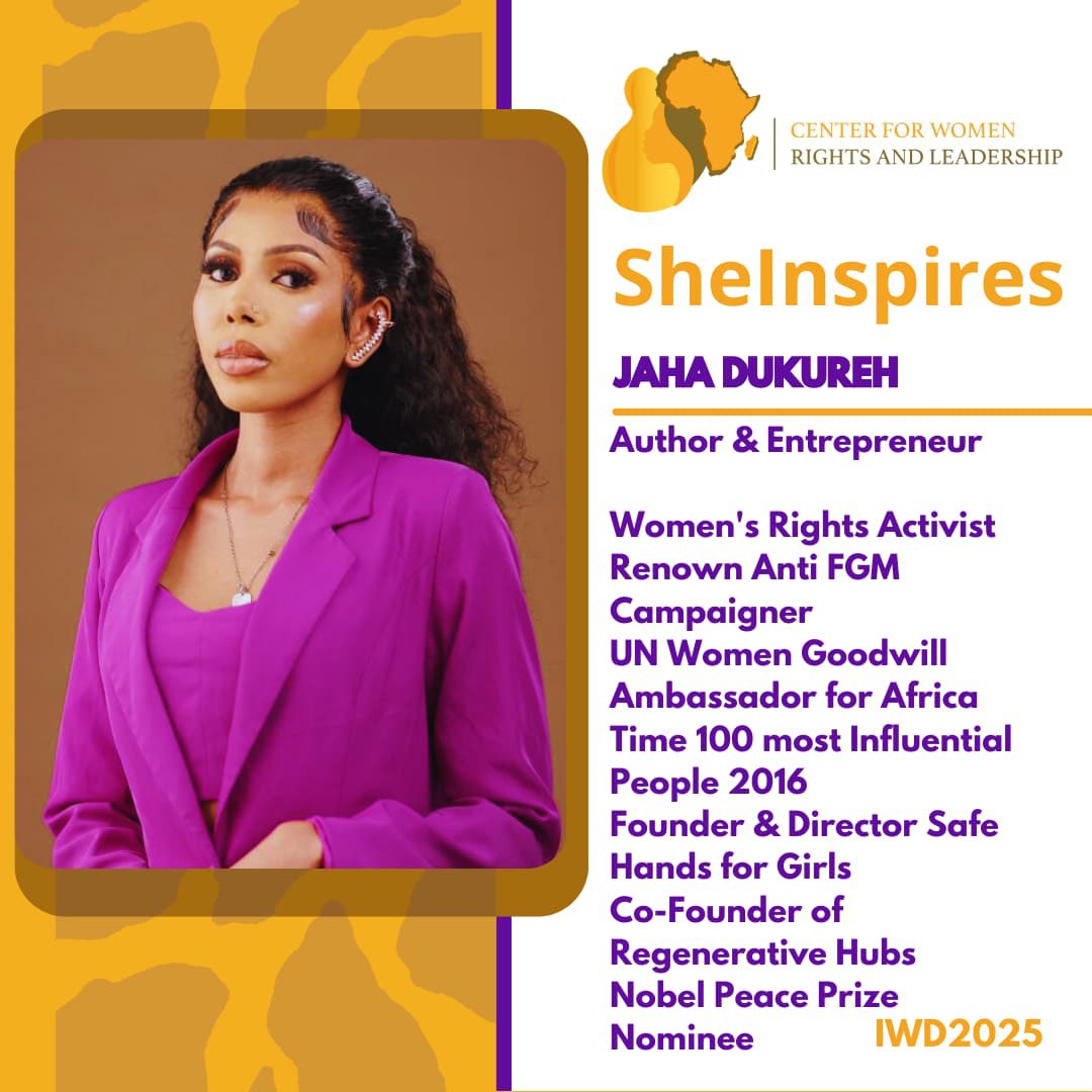 Center for Women's Rights and Leadership (@centerwrl) on Twitter photo Meet <a href="/JahaENDFGM/">Jaha Marie Dukureh</a> renowned Anti FGM Campaigner who have redefined advocacy for gender justice and brought hope, dignity and courage to survivors.
#IWD2025
#Beijing30
<a href="/FatouJagneS/">Fatou Jagne Senghore</a>
<a href="/Kerrfatou/">Kerr Fatou</a>
<a href="/FatuNetwork/">The Fatu Network</a>
<a href="/MaiMediaGlobal/">Mai MediaGM</a>
<a href="/TheAlkambaTimes/">The Alkamba Times</a>
<a href="/standardgambia/">The Standard News Gambia</a> Meet <a href="/JahaENDFGM/">Jaha Marie Dukureh</a> renowned Anti FGM Campaigner who have redefined advocacy for gender justice and brought hope, dignity and courage to survivors.
#IWD2025
#Beijing30
<a href="/FatouJagneS/">Fatou Jagne Senghore</a>
<a href="/Kerrfatou/">Kerr Fatou</a>
<a href="/FatuNetwork/">The Fatu Network</a>
<a href="/MaiMediaGlobal/">Mai MediaGM</a>
<a href="/TheAlkambaTimes/">The Alkamba Times</a>
<a href="/standardgambia/">The Standard News Gambia</a>
