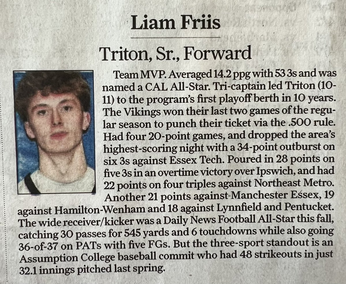 Congratulations to Liam Friis who was named a <a href="/newburyportnews/">Newburyport News</a> Boys Basketball All-Star. Honorable Mention to Jason Holscher, Harrison Huynh, and Mateus Pinto.