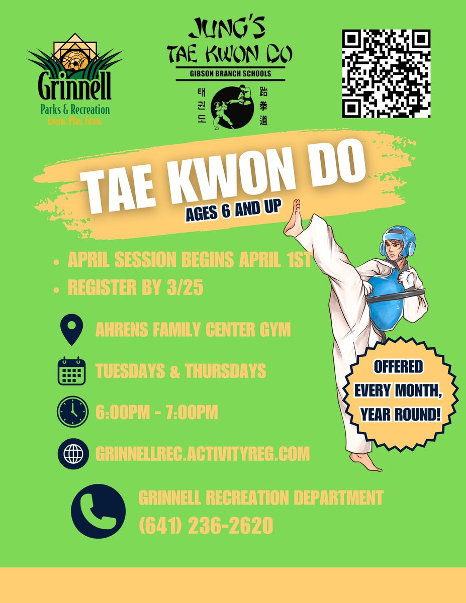 April Tae Kwon Do registration closes soon! ⏳

Register by March 25th to secure your spot! grinnellrec.activityreg.com