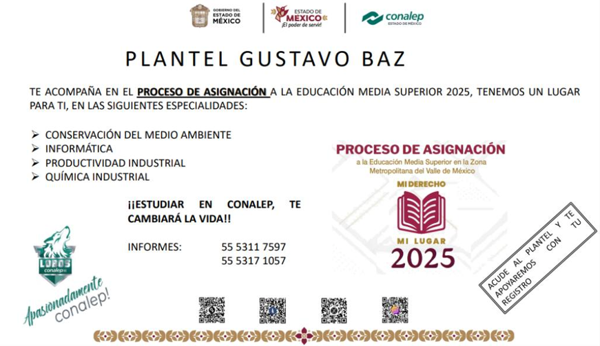 ConalepGbaz's tweet photo. ¡Inscríbete en Conalep Gustavo Baz!
¡No te pierdas la oportunidad! Si quieres estudiar bachillerato regístrate ahora! Hasta el 15 de abril, podrás realizar tu registro a la convocatoria ECOEMS.
Visita https://t.co/LUPSdE8S8T 
#tulugarestáaquí
#IngresoMediaSuperior2025 https://t.co/ygNAlqEYGB