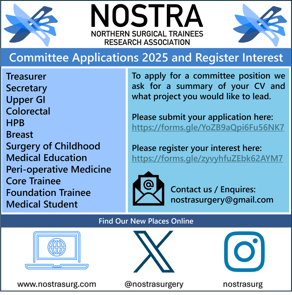 NOSTRA (@nostrasurgery) on Twitter photo NOSTRA are relaunching. Apply for committee positions or register your interest. Deadline 6th of April.
nostrasurg.com New Website
For questions and Enquires: nostrasurgery@gmail.com NOSTRA are relaunching. Apply for committee positions or register your interest. Deadline 6th of April.
nostrasurg.com New Website
For questions and Enquires: nostrasurgery@gmail.com