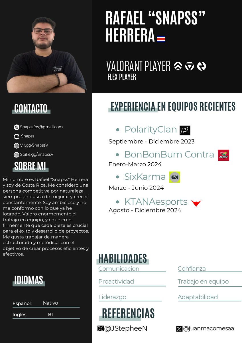 A 5 días Después de estos 4 meses, estoy listo para volver a la escena competitiva.
Más fuerte, más enfocado y con más hambre de ganar que nunca. 
Nada mas que decir LFT como centinela/iniciador para  representar este 2025 priorizando equipos de  VCL.

Listo para darlo todo 🫡