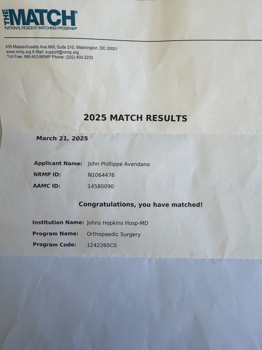 JohnPAvendano1's tweet image. Eternally humbled to have the chance to become an Orthopaedic Surgeon at such a historic place, but more importantly, the place that felt like home. So excited to announce I’ll be heading to @HopkinsOrtho for my Orthopaedic Surgery Residency! #Match2025
