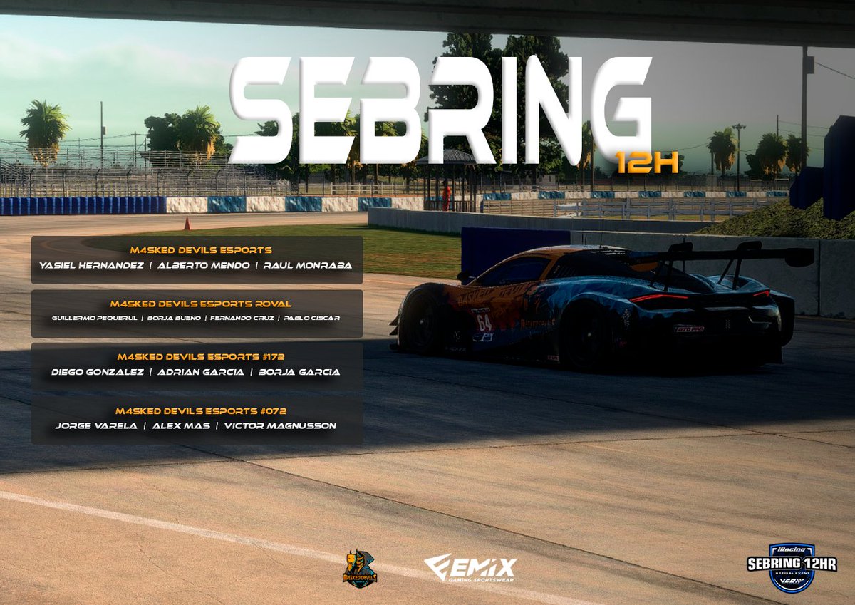 M4sked Devils eSports (@m4sked_devils) on Twitter photo #RaceDay 🏁
Nuevo evento especial de #iRacing con las #Sebring12H poniendo en pista 4⃣ coches
🔸 M4sked Devils eSports
👥 <a href="/xander_ftw/">XandeR</a> <a href="/ArcaKiros/">Arca</a> <a href="/Monra95/">Raül Monrabà</a>
🔸 M4sked Devils eSports Roval (GTP)
👥 <a href="/GuillermoPeque3/">Guillermo Pequerul</a> <a href="/borjabueno2/">Borja</a> <a href="/fer3c_14/">Fernandø</a> <a href="/Pavelsoad4/">Pablo Ciscar</a>
🔸 M4sked Devils eSports #RaceDay 🏁
Nuevo evento especial de #iRacing con las #Sebring12H poniendo en pista 4⃣ coches
🔸 M4sked Devils eSports
👥 <a href="/xander_ftw/">XandeR</a> <a href="/ArcaKiros/">Arca</a> <a href="/Monra95/">Raül Monrabà</a>
🔸 M4sked Devils eSports Roval (GTP)
👥 <a href="/GuillermoPeque3/">Guillermo Pequerul</a> <a href="/borjabueno2/">Borja</a> <a href="/fer3c_14/">Fernandø</a> <a href="/Pavelsoad4/">Pablo Ciscar</a>
🔸 M4sked Devils eSports