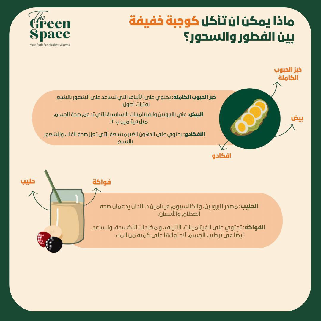 🔸 أفكار وجبات خفيفة بين الفطور والسحور في رمضان 🌙

#GreenSpace #المساحة_الخضراء