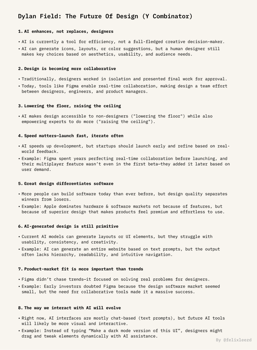 Design has changed.

Figma's CEO on the future of design and AI - "A designer's judgment, taste, and agency will matter more than ever." This is especially true with the rise of vibe coding.

Important lessons from Dylan Field's convo at YC.