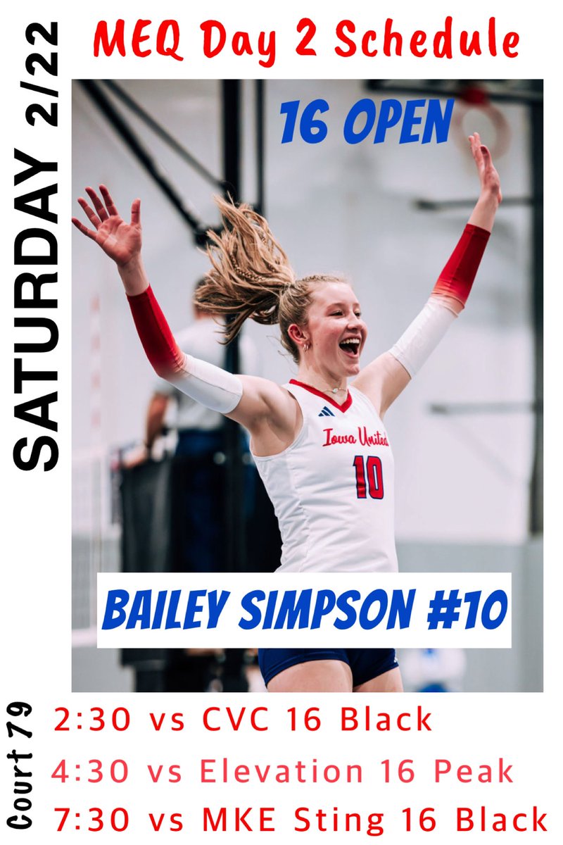 Bailey Simpson (@bailey_simp10) on Twitter photo Schedule for Day ✌🏻<a href="/NikeMEQ/">Mid-East Qualifier</a> with my <a href="/IowaUnitedVB/">Iowa United Volleyball</a> 161 Elite team. Loving this level of competition! Schedule for Day ✌🏻<a href="/NikeMEQ/">Mid-East Qualifier</a> with my <a href="/IowaUnitedVB/">Iowa United Volleyball</a> 161 Elite team. Loving this level of competition!
