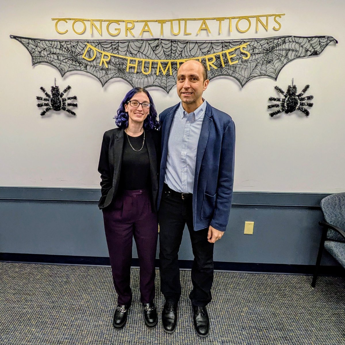 Cheers to Dr. Amanda Humphries <a href="/AmandaLynnChem/">Amanda Humphries</a> on the successful dissertation defense! The celebration with a spooky twist. Spiders spun the web of success!