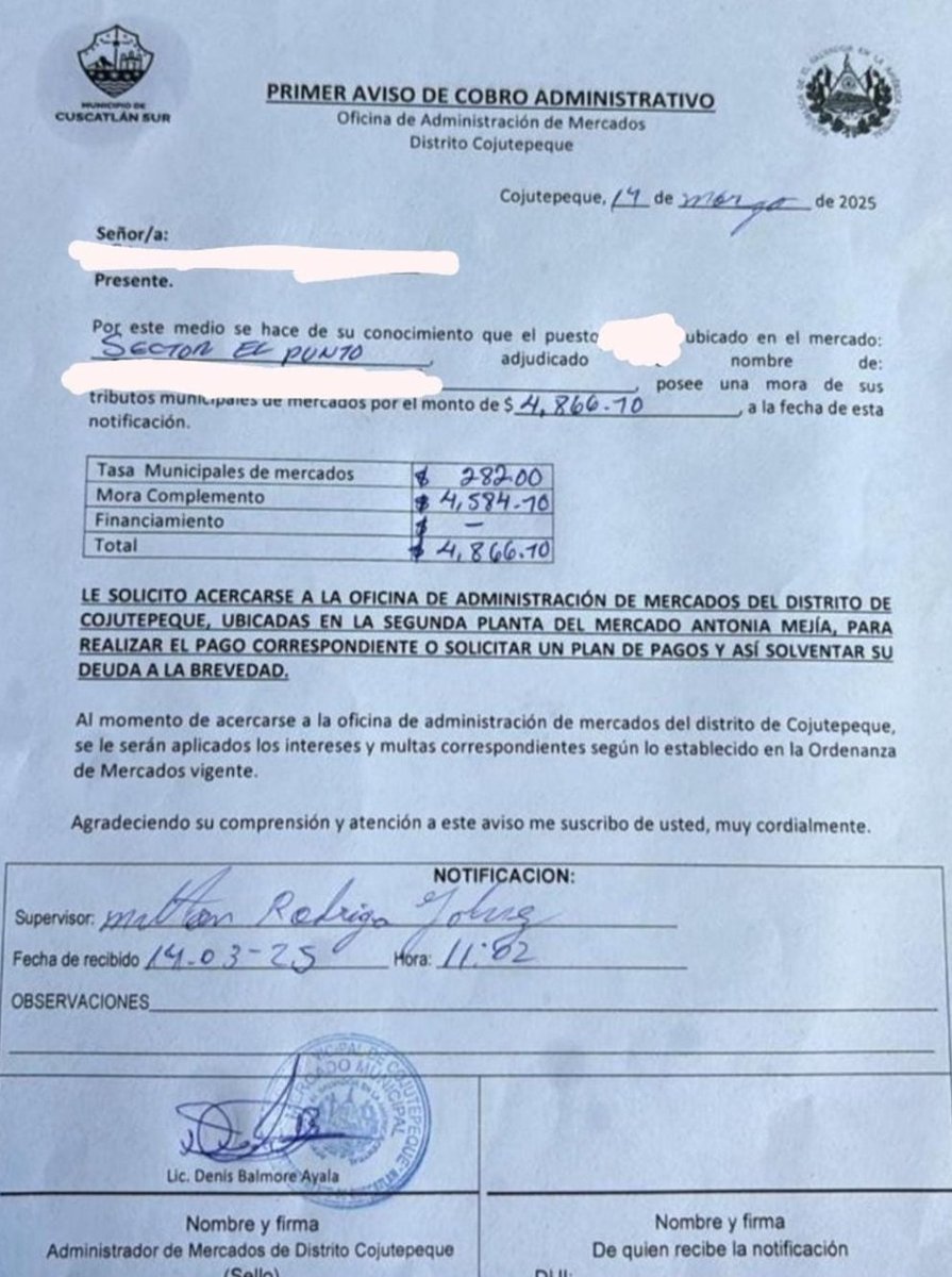 TahnyaPastor's tweet photo. #CuscatlanSur
¿Cómo? ¿La visión del Presidente no es subir sino que inventar cobros y con "mora" incluida??
A las vendedoras del punto de buses en la carretera Panamericana les llegan con cobro nuevo y mora de casi CINCO MIL DOLARES.

Dudo que esa sea la visión del Presidente @nayibbukele 

Porfavor RT