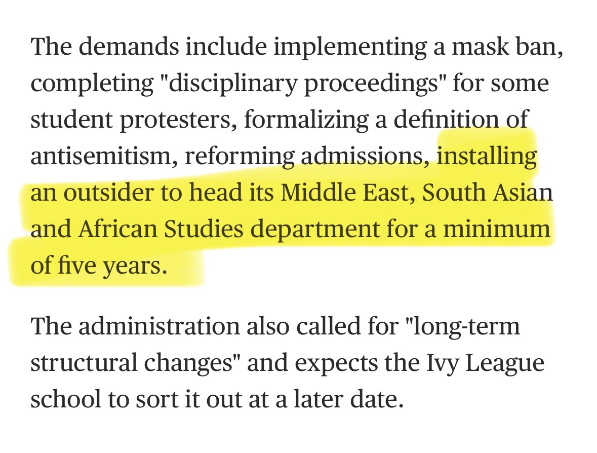 SanaSaeed's tweet photo. Not only did Columbia just make its campus far less safe for Arab, Muslim, anti-genocide students but it has effectively threw away academic freedom. MESAAS now—other depts next. Not surprised at the relative quiet in the academy, but stand up, you cowards. https://t.co/wBbAdput82