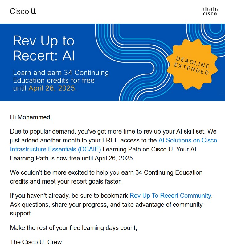mohsinccie's tweet photo. 📢 IMPORTANT UPDATE: For those who missed it, there is a good news! 🎉

Cisco has announced an extension to their free AI Course on Cisco U.  

Hope you complete it this time! Good luck!

Do share this post if you think it should reach and help others.
#Cisco #AI #course https://t.co/TxEjiYuMVC