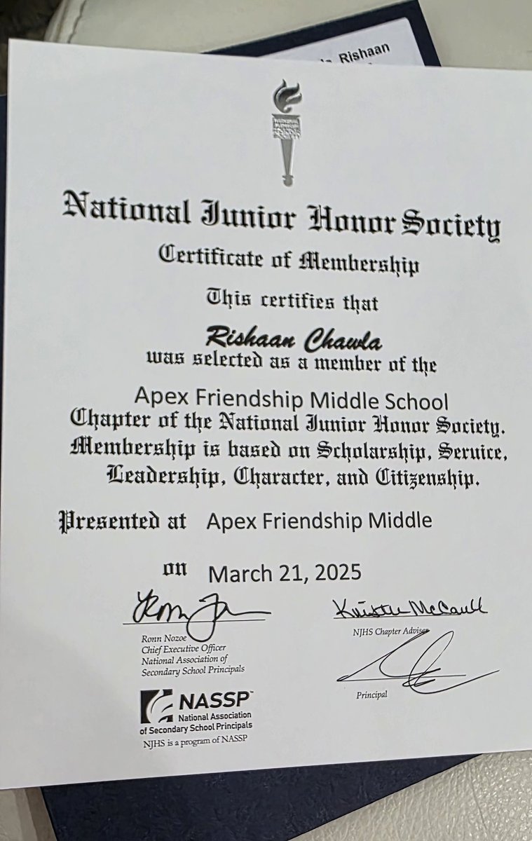 Rishaan got inducted into the Apex Friendship Middle School Chapter of National Junior Honor Society today. It is a big honor and an even bigger responsibility! Hope he uses this opportunity to grow into a well-rounded human being!
<a href="/AFMSChargers/">Apex Friendship Middle School</a> #njhs
