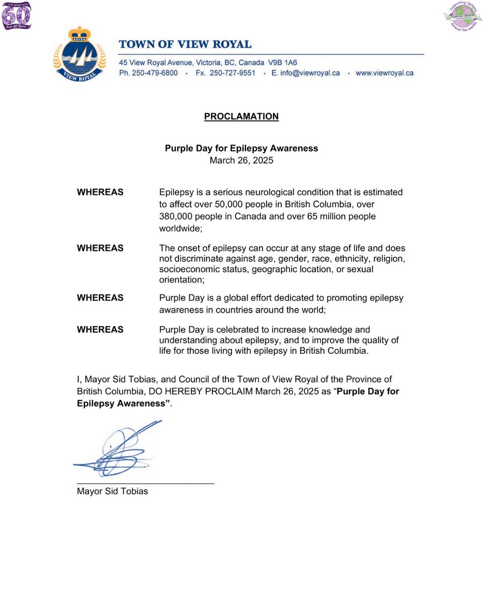 BCEpilepsy's tweet image. Thank you to the Town of View Royal for providing us with a Proclamation in honour of International PURPLE DAY for Epilepsy Awareness #Epilepsy #EpilepsyAwareness #EpilepsyAwarenessMonth #PurpleDay #PurpleMonth #TownofViewRoyal #ViewRoyal @TownofViewRoyal