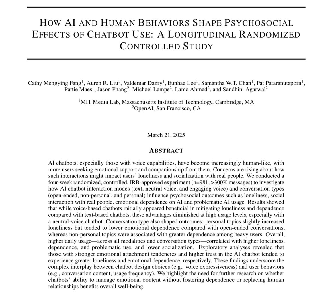 New controlled study of AI voice mode on mental health finds complex results

GPT-4 with an empathetic voice reduced loneliness, but heavier users, and especially when use was combined with a more neutral voice or those with particular personalities, had multiple negative impacts