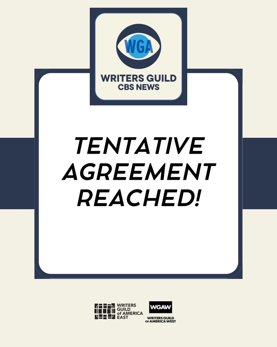 ✊WE HAVE A DEAL AT CBS NEWS ✊

We are thrilled to announce we have reached a tentative agreement on a new union contract for Writers Guild members at CBS News. #UnionStrong #1u
